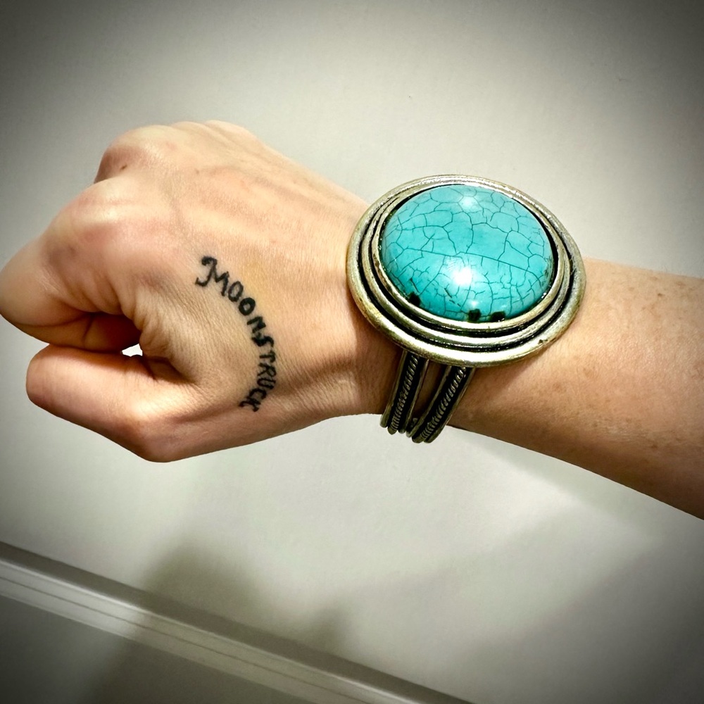 Faux Turquoise + Silver Cuff Statement Bracelet - image 4